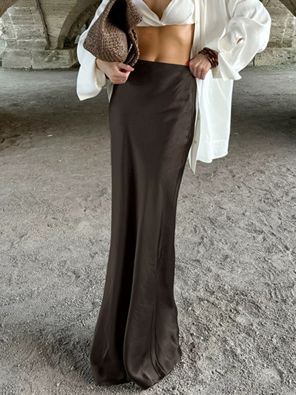 Forever 21 Spring Retro Satin Mermaid Floor Length Skirt Earth Brown